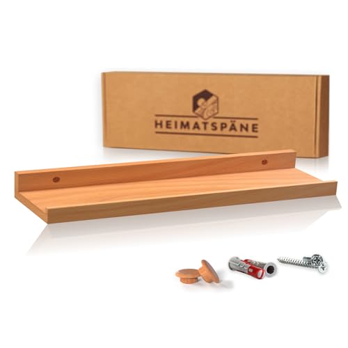 Heimatspäne Bilderleiste Kernbuche 60cm - Wandregal Holz [inkl. Schraubenabdeckungen aus Echtholz] Regalbrett Holz als Wandboard oder Schweberegal