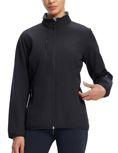 fit space Women's Softshell Jacket, Fleece Lined Warm Lightweight Windbreaker, Insulated Shell for Hiking Outdoors, Black Large