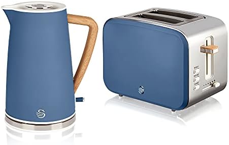 Swan Nordic Blue Kitchen Set with 1.7 Litre Kettle and 4 Slice Toaster, Wood Effect and Soft Tough Matte Finish, Stainless Steel, STP2091BLUN