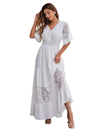 Simplee Women V Neck Formal Lace Maxi Dress Ruffle Flowy Short Sleeve Boho  Wedding Guest Long Dress - Product Details