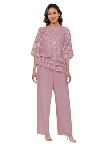 2 Piece Floral Mother of The Bride Pantsuits for Women Ruffle Half Sleeve Wedding Formal Evening Gowns