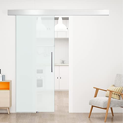 HOMCOM Puerta Corredera 90x205 cm Puerta Corrediza de Cristal con Riel Silenciosa para Sala de Estar Comedor Translúcido