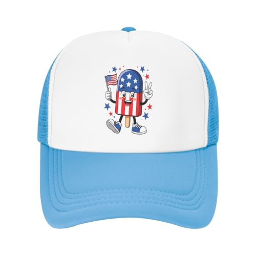 Greenchant Cool Popsicle Funny 4th of July Trucker Hat Patriotic American Kids Hats Adjustable Mesh Baseball Cap - Sky Blue