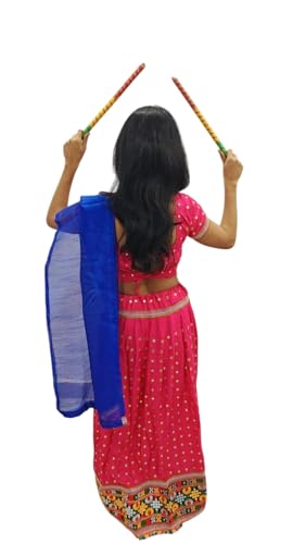 Image of BookMyCostume Lehenga Choli for Girls with Dandiya Set | Pink Kids Garba Costume for Navratri | Kids Lehenga for Girls with Dupatta & Dandiya Sticks | Traditional Garba Nights Outfit | 12-16 Years