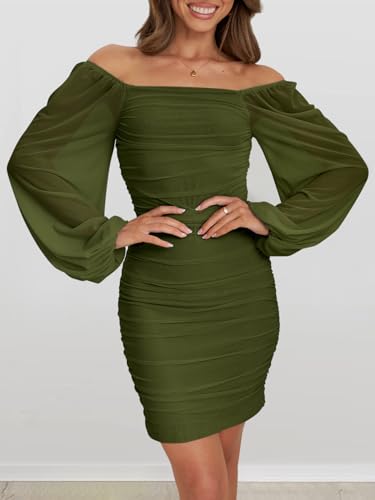 Image of MEROKEETY Women Square Neck Lantern Long Sleeve Mesh Ruched Bodycon Clubwear Mini Dress