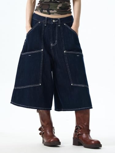 CUTEGAL Cargo Jorts Baggy Cropped Jeans Y2k Capri Pants Grunge Fashion Casual Wide Leg Streetwear Men Unisex (Blue,L)4