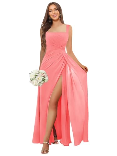 Image of HANVAIOS Square Neck Bridesmaid Dresses Long Chiffon Formal Maxi Dress with Slit
