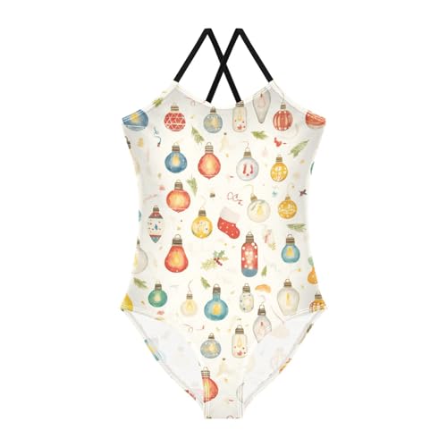 KLL Colorful Christmas Light Bulbs Girl 1-Piece Swim Suit Summer Swimwear Adjustable Strap Quick Dry