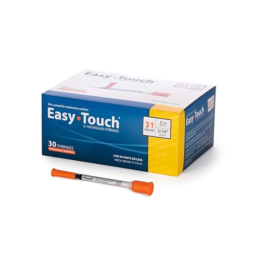 Image of Easy Touch Individually Wrapped 31 Gauge U-100 Insulin Syringes (31G 0.5cc 5 /16 inch) with 5 /16 inch Short Needle, 0.5cc (50 Unit Capacity), Bold Markings for Accurate Dosing, Disposable, Box of 30