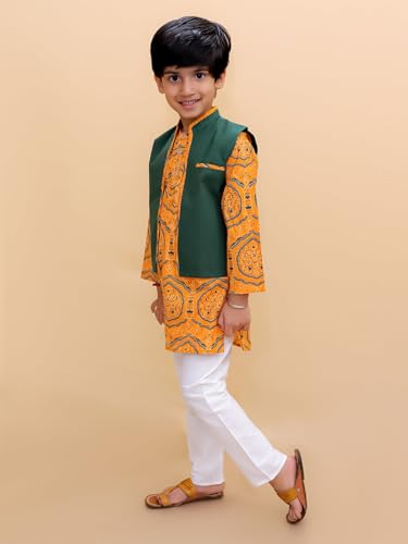 Image of The Mom Store Boys Printed Cotton Kurta Pajama Set With Jacket | Soft And Comfortable Ethnic Wear For Baby /Kids Boys | Full Sleeves Kurta Pyjama Set | Traditional Indian Outfit