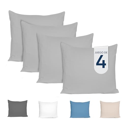 Dreamzie Funda Almohada 60x60 (Juego de 4) - Gris - para Las Almohadas 60 x 60 cm - 100% Algodón Jersey - Funda de Almohada Algodón - Funda Cojín para Cama - Protector de Almohada