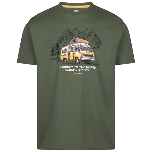 Image of Trespass Men's Casual T-Shirt Tokso - Green, Modern Graphic Crew Neck Short Sleeve T-Shirt, 180gsm Cotton-Poly Blend, Relaxed Fit for Men