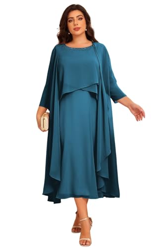 Women's 2 Piece Mother of The Bride Dresses for Wedding Long Sleeve Ruffles Chiffon Formal Evening Dress DE364