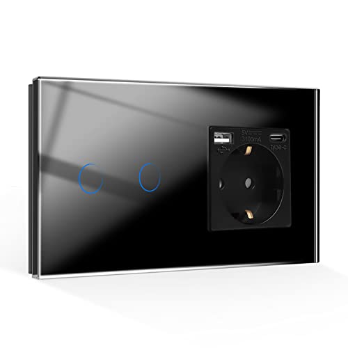CNBINGO Interrupteur tactile avec prise Schuko avec ports USB (Tape-C et Tape-A 3,1 A total) - Prise USB encastrée - Interrupteur mural en verre double en noir - Avec LED d'état - 500 W/compartiment Cover