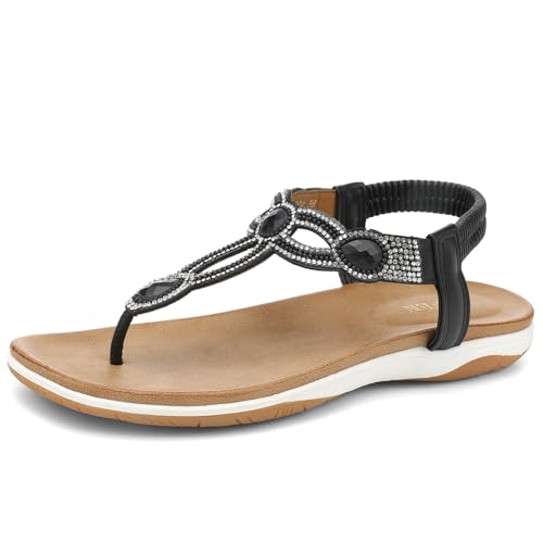 Image of UBFEN Womens Flat Sandals with Arch Support - T-Strap Thong Sandals with Elastic Back Strap, Comfortable for Walking, Bling, Rhinestone, Dressy