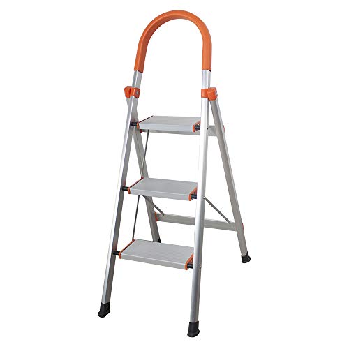Motoos 3 Step Ladder Aluminum Light Weight Folding Portable Step Stool Heavy Duty Ladders With Rubber Hand Grip Wide Anti-Slip Pedal Multi-Use For Home And Kitchen 330Lbs Capacity #TOP20