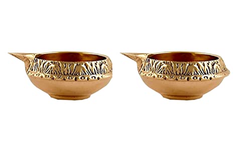 Shiv Shakti Arts Brass Diya for Puja Oil Lamp, Brass Diwali diyas, Puja Items for Diwali Decor - Deepak for Pooja Diwali Decorations Items, Diwali Lamps (Gold_6.2 X 4 X 2.2 cm) (Set of 2)