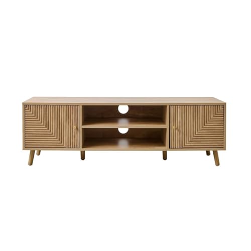 Calicosy – Meuble TV 2 Portes – Façades Effet Lames en L – Boutons Dorés et Pieds Bois Décor Chêne – Collection Eden – Salon – L 140 x P 40 x H...