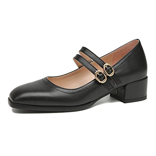 Women's Square Toe Ankle Strap Dress Pumps Leather Block Low Heel Work Office Uniform Mary Jane Shoes