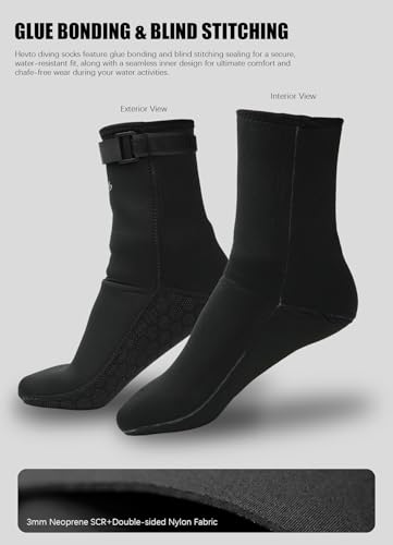 Hevto Neoprene Socks 3mm Men & Women Dive Scuba Fins Socks Surfing Booties for Beach Water Sports (S3-Black, S)