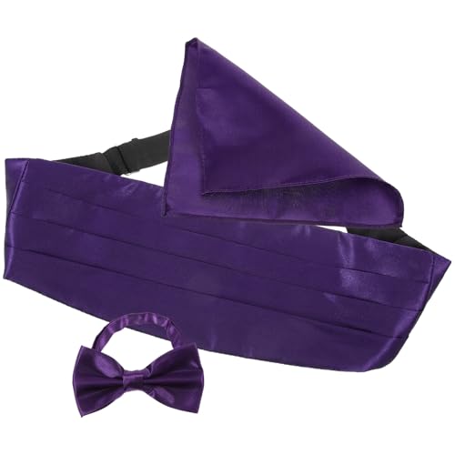 Set de corbata de moño con faja y pañuelo en púrpura