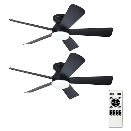 Image of Depuley 42-Inch Ceiling Fans with Lights: Flush Mount Ceiling Fan with Remote Control Indoor /Outdoor- Black 5 Blade Low Profile Fandelier for Kitchen Gazebo - Reversible Quiet Timer - 2 Packs