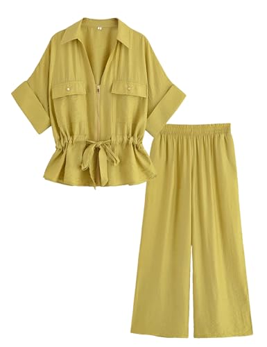 Mingzhu Women's 2 Piece Linen Outfits Short Sleeve Zipper Drawstring