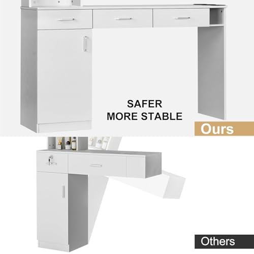 4ever2buy Hair Salon Station for Hair Stylist, Salon Wall Station with Barber Cabinet, Barber Stations Equipment Hair Dryer Holder, Drawers (White)