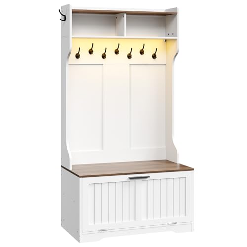 HOOBRO Hall Tree with Bench, 15.7”W Entryway Bench with Coat Rack, Shoe Cabinet with Flip Drawer, LED Hall Tree with 9 Hooks and 2 Open Compartments, Wooden, for Hallway, White and Walnut WH86DMT01