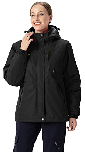 YSENTO Damen Winterjacke Wasserdicht Skijacke Outdoor Softshelljacke Warm Fleecejacke Funktionsjacke mit Abnehmbarer Kapuze(Schwarz,M)