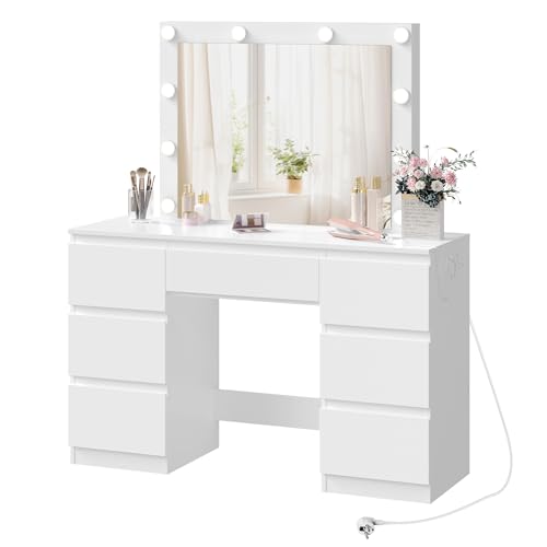 WOLTU Coiffeuse avec Miroir LED, Luminosité Réglable, Table de Maquillage avec Multiprise, 7 Tiroirs, 110x39,5x140,5 cm, Commode Chambre Blanc, MB6124ws
