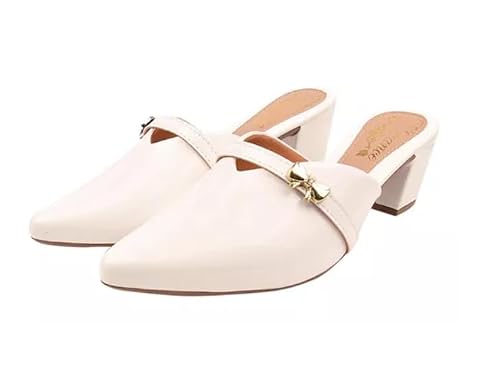 Mule Scarpin Salto Alto Grosso Lacinho Sapato Bico Fino Casual Festa Passeio (Branco, BR, Adulto, Numérico, 36)