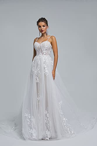 Image of Spaghetti Chiffon Beach Wedding Dress V Neck A line Bridal Gowns Lace Plus Size Wedding Dress