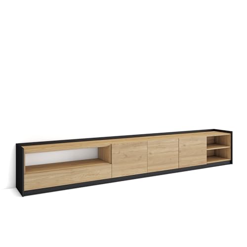 Skraut Home | Mueble TV | Televisión | Muebles de salón, almacenaje | 310x50x37 cm | para TV hasta 80' | con Almacenamiento | Estilo Moderno | Roble y Negro