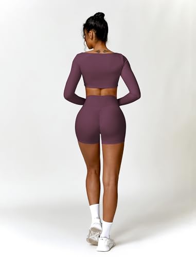 Image of ABOCIW Women Square Neck Long Sleeve Workout Crop Top Low Medium Impact Athletic Yoga Gym Shirts with Built in Bra(ONLY TOP)
