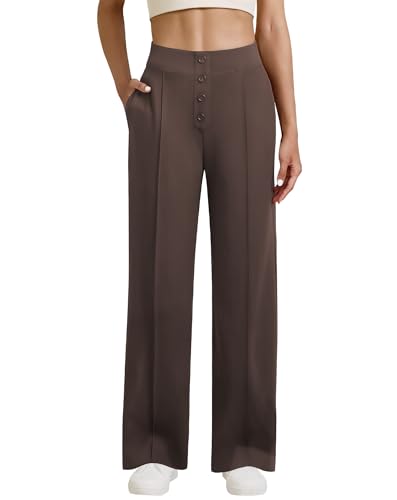 JEKAOYI Womens Dress Wide Leg Pants Work High Waist Pants Business Casual Stretchy Trousers Pull On Slacks with Pockets Brown