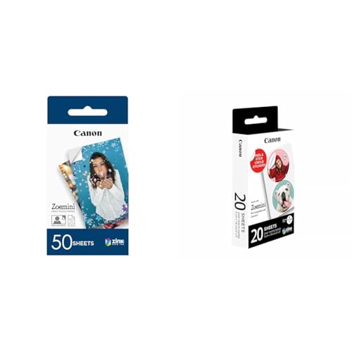 Canon Zoemini ZINK Fotopapier, 50 Blatt & ZINK Fotopapier Circle Sticker ZP-2030-2C(Für Canon Zoemini Fotodrucker, Papierformat 5x7,5 cm, mobiler Sofortdruck) Fotosticker selbstklebend, 20 Blatt, Weiß