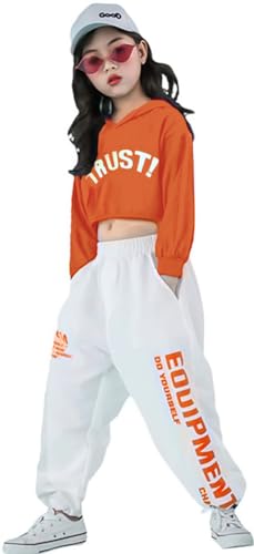 LOLANTA 2 Piezas de Ropa de Baile Callejero para niña Hip Hop, Sudadera Corta + Pantalones de chándal, Naranja, 11-12 años, 160