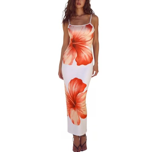 Image of Womens Summer Casual Floral Dresses Spaghetti Strap Bodycon Maxi Beach Dress Elegant Evening Party Long Dresses