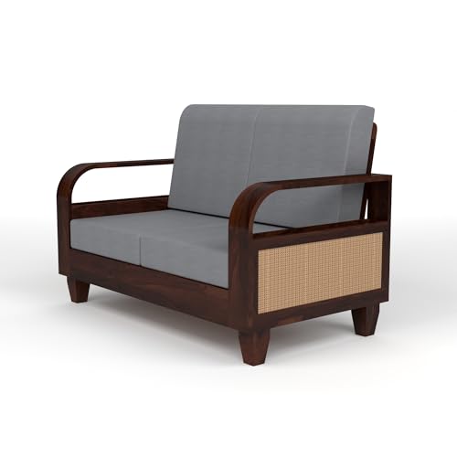 Image of KINGS HOME FURNITURE Sheesham Wooden 4 Seater Sofa for Living Room | Solid Wood Sofa with Rattan Cane Side Rack | Rosewood Sofa Set for Home & Office | Lounge (Walnut, 4 Seater)