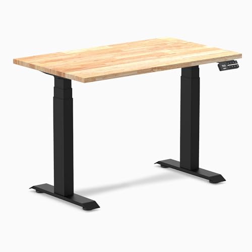 Image of Desky Small Electric Standing Desk, 40 x 24 inches Rubberwood Height Adjustable Sit Stand Desk with Dual Motor and Memory Presets, Compact Home Office Workstation - Natural Wood Top