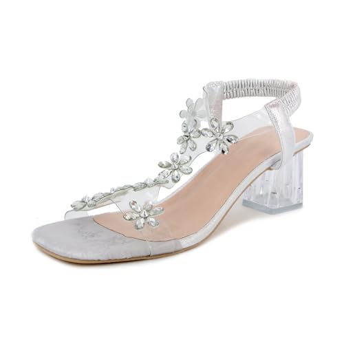 Lymphvity Women Rhinestone Flower Clear Block Heel Sandals,Fashion Elastic Ankle Strap Chunky High Heel Open Toe Sexy Elegant Dress Shoes Square Toe Heels Party Wedding Sandals