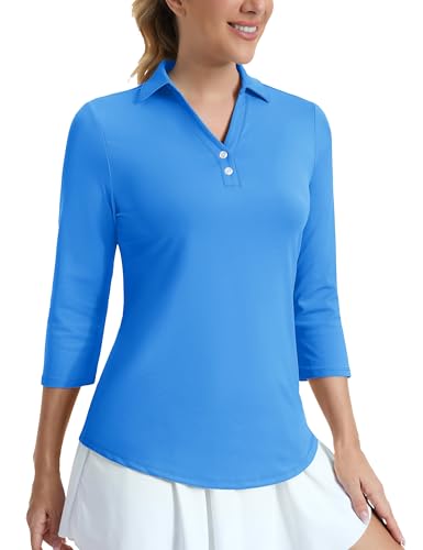 MAGCOMSEN Women's V Neck 3/4 Long Sleeve Tops Golf Collared Shirts SPF UPF 50+ Polo Shirts Casual Summer Work Tees Dry Fit Azure L