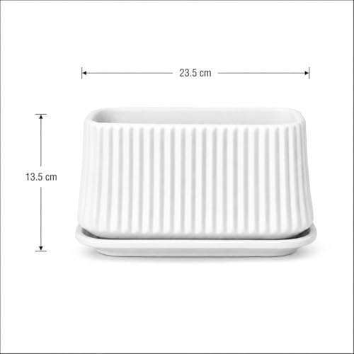 Image of Xtore Contemporary Rectangular Ceramic Planter with Drainage Tray | Ribbed Indoor Flower Pot for Succulents, Herbs, Tabletop Gardens & Modern Home Decor (White, Planter only)