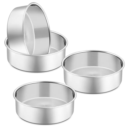P&P CHEF 5 Inch Cake Pan Set of 4 Stainless Steel Baking Round Cake Pans Tins Bakeware for Birthday Wedding Leak-proof & Easy Clean Mirror Finish & Easy Releasing