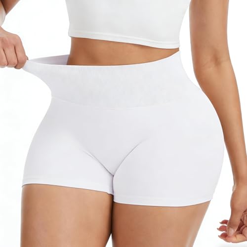 yeuG Workout Compression Shapewear Biker Shorts Women-4 High Waisted Tummy Control No Front Seam Gym Yoga Volleyball Shorts Seamless Spandex Underwear(White Large-X-Large)