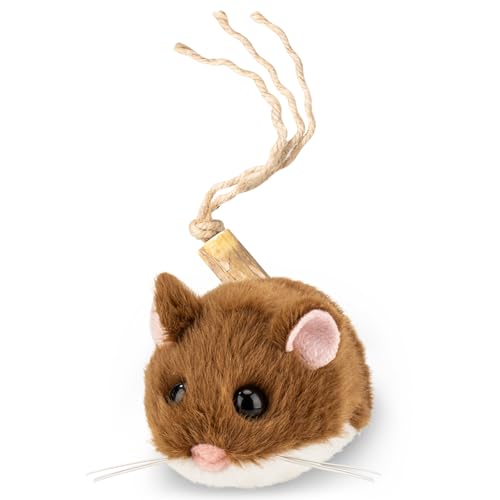 Migipaws Interactive MigiMouse Cat Toy 360 Rolling & Spin with Wiggling Tail for Indoor Cats Smart Motion Sensor Realistic Squeak Rechargeable Plush Kitten Toy (Brown)