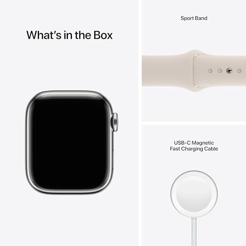 Image of Apple Watch Series 7 [GPS + Cellular 41mm] Smart Watch w /Silver Stainless Steel Case with Starlight Sport Band. Fitness Tracker, Blood Oxygen & ECG Apps, Always-On Retina Display, Water Resistant
