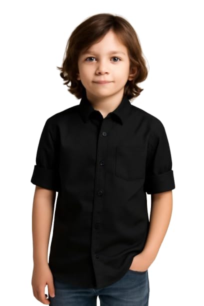 Image of Boys Kids Charcoal Cotton Shirt, Long Roll-Up Sleeves, Party, Age 2-8 Years