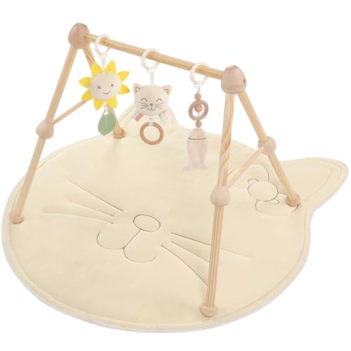 Image of 4-in-1 Wooden Baby Play Gym & Activity Mat, Soft Cotton Tummy Time Mat for Babies 0+,with 3 Detachable Toys for Sensory & Motor Skill Development,Newborn Infant Baby Essentials Gift,Kitten